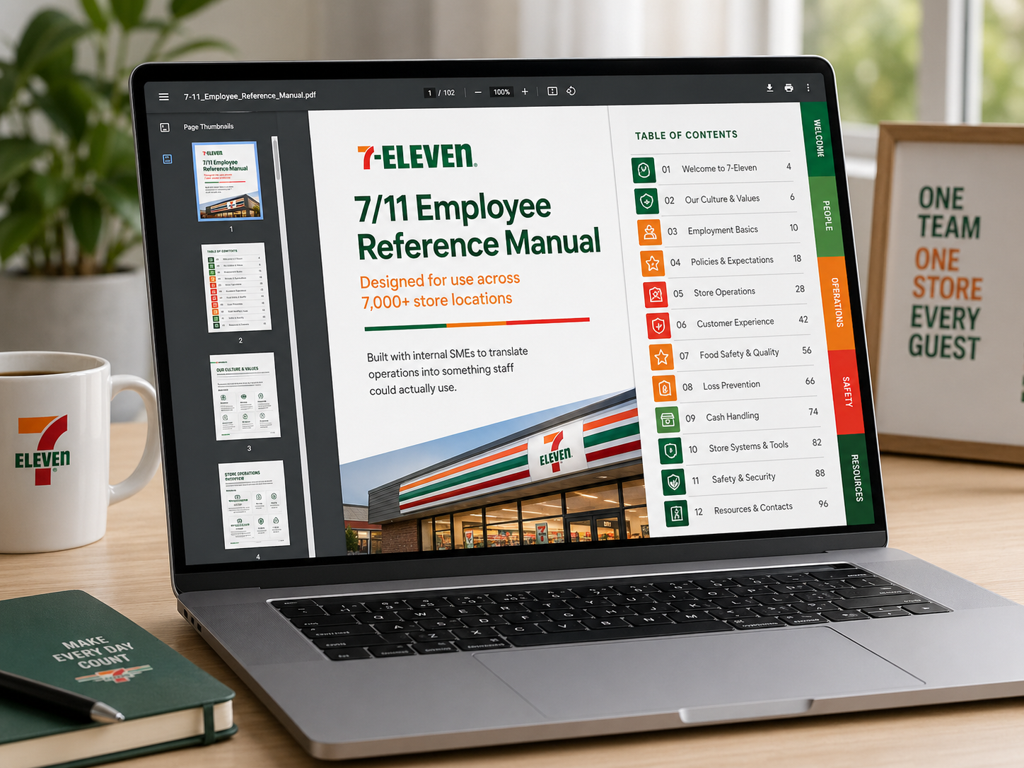 7-Eleven employee reference manual on a laptop